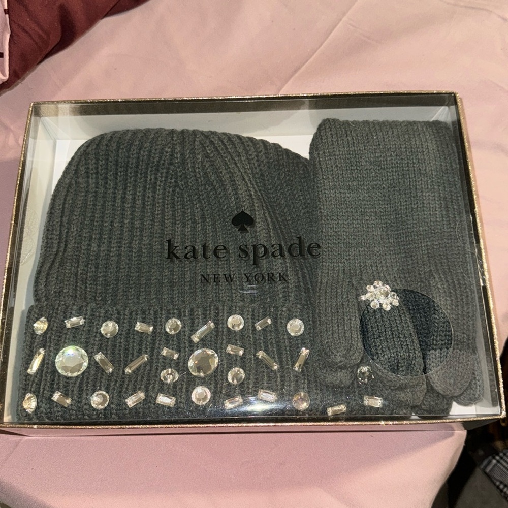 Kate Spade Charcoal Gray Hat and Glove Gift set (gems on hat and glove)